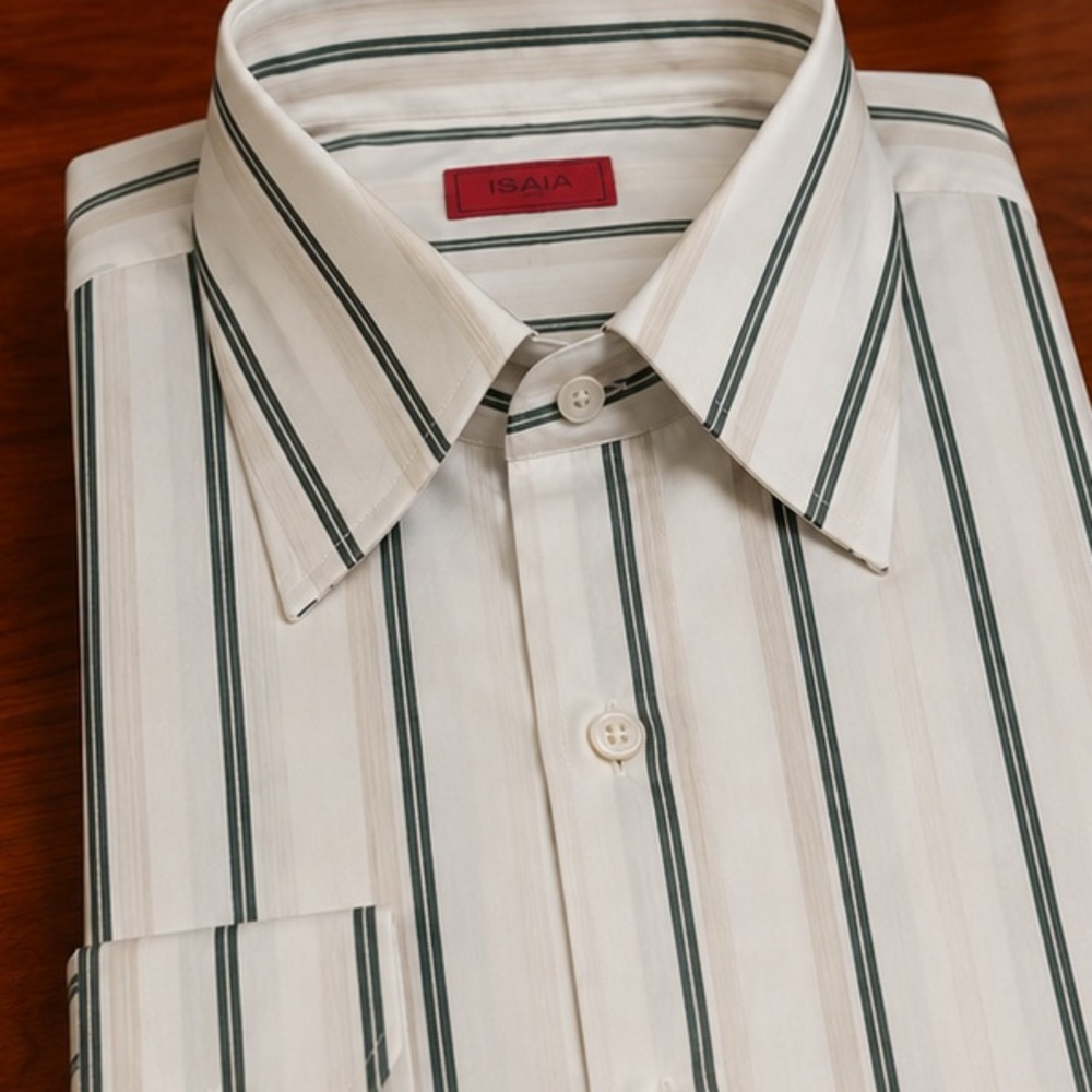 Isaia Cream Dress Shirt with Green Stripes